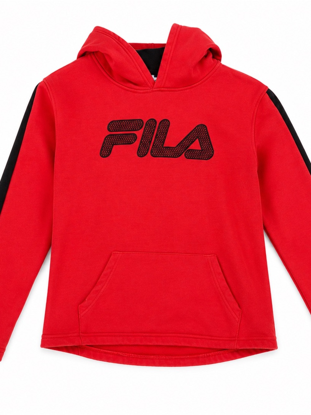 Fila Kids Red Hoodie with Black Logo and Sleeve Stripes